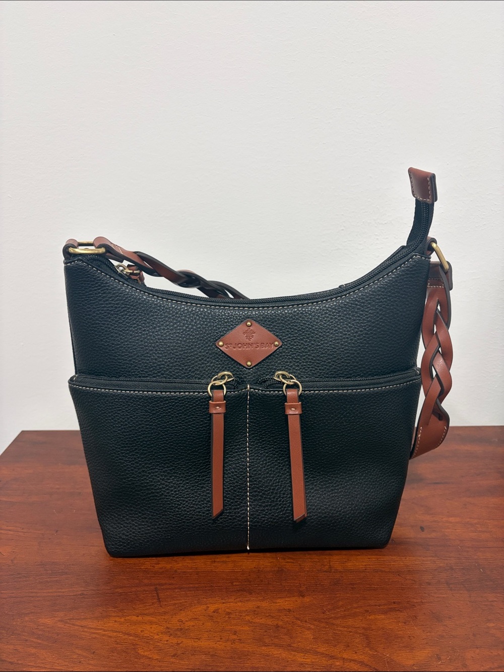 St. John's Bay Black Shoulder Bag with Brown Trim